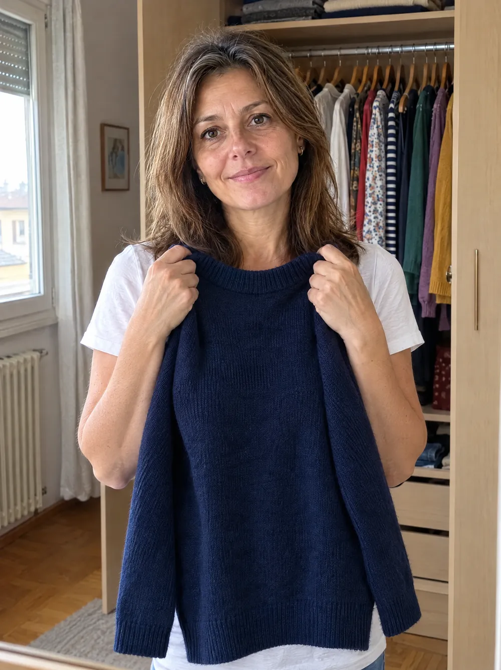 Francesca prova sotto il mento una maglia blu notte e sorride allo specchio
