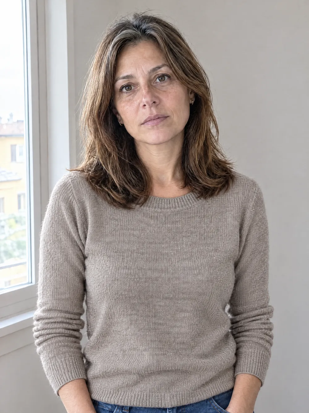 Lo stesso viso con un maglione beige